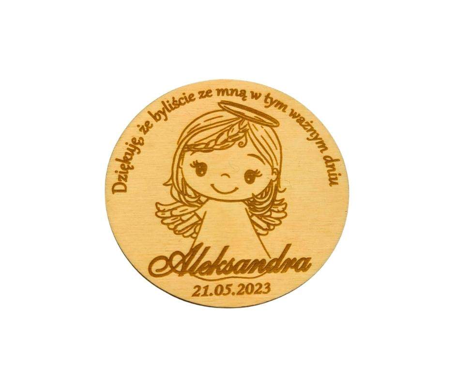 Magnes drewniany z dedykacją Komunia Święta upominek z imieniem