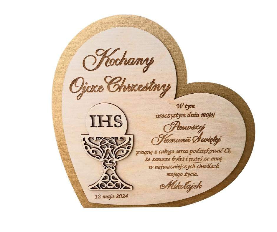 Złote serce pamiątka Komunii Świętej Personalizowane ze złotym dekorem