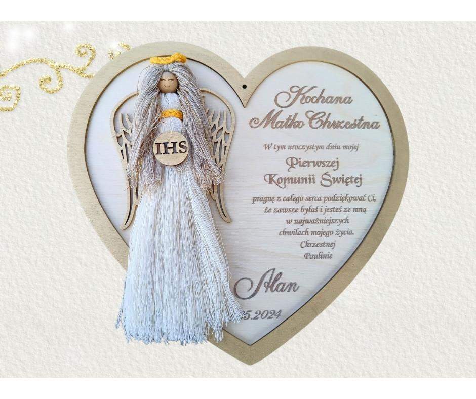 Podziękowanie na chrzest z sercem i aniołem z markamy Złote elementy. 